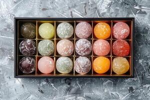 Traditional Japanese dessert mochi balls presented in a beautiful, traditional Japanese box photo