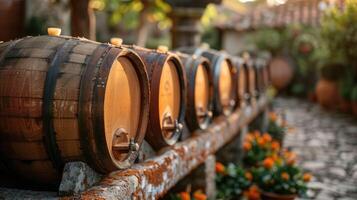 Row of wooden barrels aging whiskey in a rustic cellar or brewery. photo