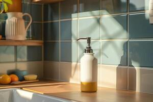 White dispenser bottle and folded towel are standing on bathroom countertop photo