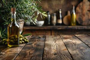 Empty wooden table with olives and a bottle of olive oil. Natural podium, background suitable for products presentation photo