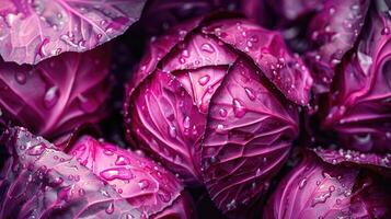 Close-up of fresh red cabbages with water drops on their leaves. photo