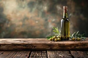 Empty wooden table with olives and a bottle of olive oil. Natural podium, background suitable for products presentation photo