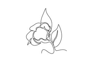 Single continuous line drawing of whole soft and fluffy cotton flower for farming logo identity. Staple fiber flower concept for garden icon. Dynamic one line draw graphic design illustration vector