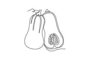 Single continuous line drawing of whole and sliced healthy organic butternut pumpkin for farm logo identity. Winter squash concept for vegetable icon. One line draw graphic design illustration vector