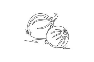 Continuous one line drawing two whole healthy freshness organic bulb onion for harvesting logo identity. Fresh common onion concept vegetable icon. Single line draw design graphic illustration vector