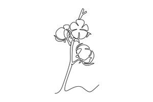 Single continuous line drawing of whole soft and fluffy cotton flower for farming logo identity. Staple fiber flower concept for garden icon. Dynamic one line draw graphic design illustration vector