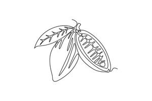 Continuous one line drawing of whole healthy organic cocoa bean for plantation logo identity. Fresh cacao concept for delicious chocolate shop icon. Single line draw design graphic illustration vector