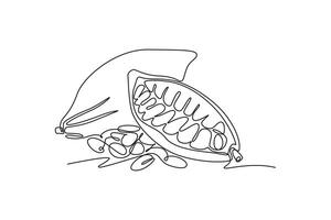 Continuous one line drawing of whole healthy organic cocoa bean for plantation logo identity. Fresh cacao concept for delicious chocolate shop icon. Single line draw design graphic illustration vector