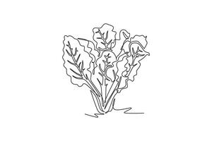 Continuous one line drawing group pile of healthy organic swiss chard for farm logo identity. Fresh leafy spinach beet concept for vegetable icon. Single line draw design graphic illustration vector