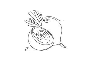 Continuous one line drawing of whole and half sliced healthy organic raw beetroot for farm logo identity. Fresh table beet concept vegetable icon. Single line draw design graphic illustration vector