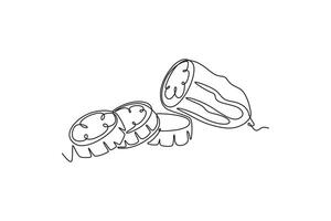 Single continuous line drawing of sliced healthy organic sponge gourd for logo identity. Freshness Vietnamese luffa concept for vegetable icon. Dynamic one line draw graphic design illustration vector
