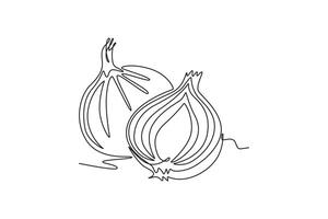 Continuous one line drawing whole and sliced healthy freshness organic bulb onion for farm logo identity. Fresh common onion concept vegetable icon. Single line draw design graphic illustration vector