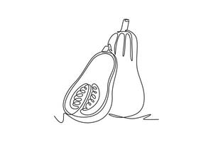 Single continuous line drawing whole and sliced healthy organic butternut squash for plantation logo identity. Fresh winter pumpkin for vegetable icon. One line draw graphic design illustration vector
