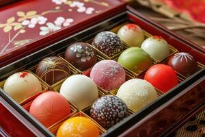 Traditional Japanese dessert mochi balls presented in a beautiful, traditional Japanese box photo
