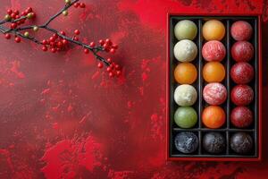 Traditional Japanese dessert mochi balls presented in a beautiful, traditional Japanese box photo