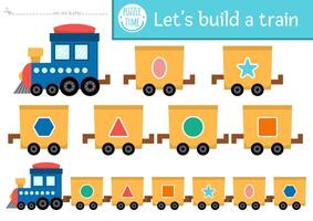 Lets build a train cut and glue activity. Transportation educational crafting game with engine and wagons. transport printable page for kids with shapes. Arrange in the right order vector