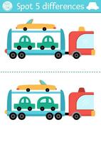Find differences game for children. Transportation educational activity with cute car carrier. Cute puzzle for kids with funny tow truck. Printable worksheet or page for logic and attention skills vector