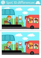 Find differences game for children. Transportation educational activity with cute bus with driver, picking passenger on bus stop. Cute puzzle for kids with funny transport. Printable worksheet vector