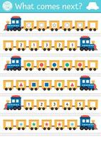 What comes next. Transportation matching activity for preschool children with train and wagons. Shapes, numbers, colors transport logical worksheet. Continue the row game with engine vector