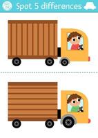 Find differences game for children. Transportation educational activity with cute truck with driver. Cute puzzle for kids with funny transport. Printable worksheet or page for logic, attention skills vector