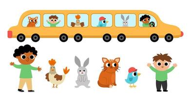 yellow limousine car with passengers. Funny automobile for kids. Cute vehicle clip art with driver, hen, rabbit, cat, bird, boy. Retro transport icon with animals isolated on white background vector