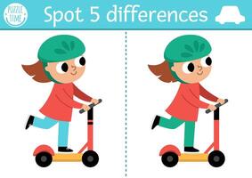 Find differences game for children. Transportation educational activity with cute girl riding push scooter. Cute puzzle for kids with transport. Printable worksheet or page for logic, attention skills vector