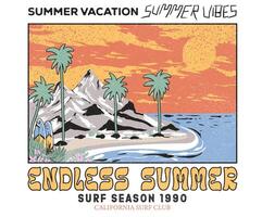 Endless summer. Sunshine paradise graphic print design. Enjoy beach life. Summer vibes artwork. Surf club design. Beach wave artwork. Mountain with beach modern abstract art. vector