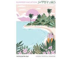 Hidden beach paradise. Sunshine paradise graphic print design. Enjoy beach life. Summer vibes artwork. Surf club design. Beach wave artwork. Mountain with beach modern abstract art. vector