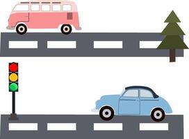 Funny cartoon cars on the road with markings, side view, traffic light and tree, collection on white background. Children's seamless patterns with road vector