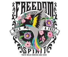 Colorful bird fly artwork design for t-shirt and others. Rock and roll graphic print design for apparel, stickers, posters and background. Music tour logo design. Pixel flower artwork. vector