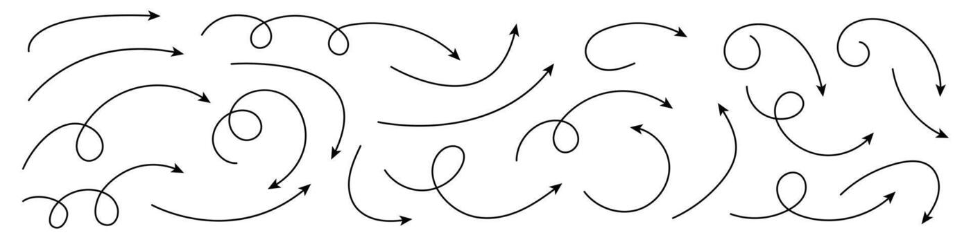 Collection of curved arrows. Set simple curved hand drawn arrows. Collection of pointers. vector