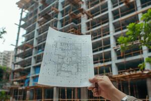 Construction plan in forefront with a multi-story building construction site behind. photo
