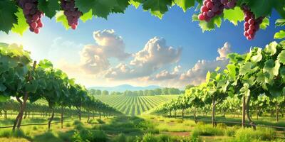 Vineyard with grapevines and lush greenery under a bright sky at sunset photo