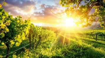 Lush vineyard landscape with sunlight shining through grapevines at sunset photo