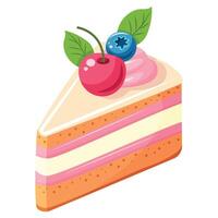 A slice of cake with blueberries and cherries on top. The cake is pink and white vector
