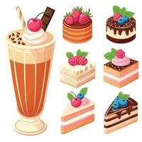 A set of six different types of cakes and a glass of chocolate milk. The cakes are of various sizes and flavors, including chocolate, strawberry, and blueberry vector