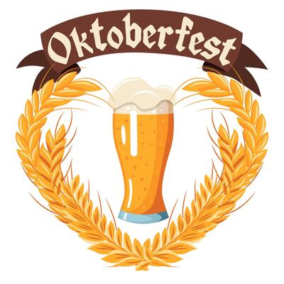 A beer glass with a frame made of golden wheat ears and a ribbon with the inscription Oktoberfest.