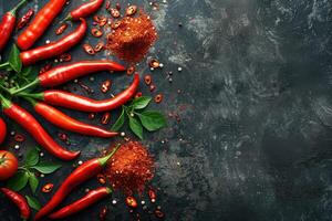 Fresh red chili peppers with spices on dark rustic background photo