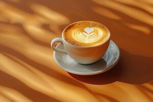 Cup of cappuccino with latte art served on a table in natural light photo