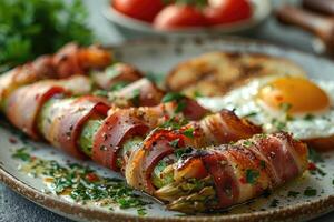 Plate with baked asparagus wrapped in Parma ham, an egg and toast next to it. photo