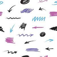 Doodle brush simple elements set. Colored lines sketches, underlines, squiggles, shapes for design with pen marks. Hand drawn seamless pattern. vector