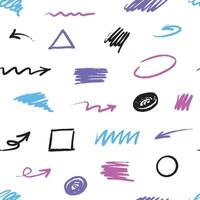 Doodle brush simple elements set. Colored lines sketches, underlines, squiggles, shapes for design with pen marks. Hand drawn seamless pattern. vector