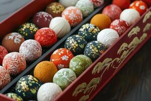 Traditional Japanese dessert mochi balls presented in a beautiful, traditional Japanese box photo