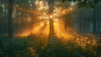 Beautiful nature at morning in the misty spring forest with sun photo