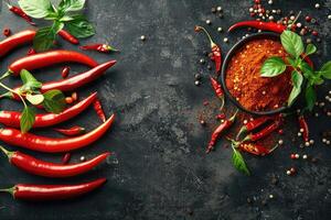 Fresh red chili peppers with spices on dark rustic background photo