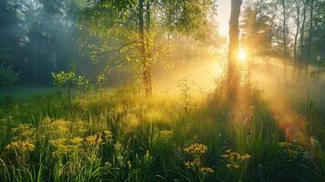 Beautiful nature at morning in the misty spring forest with sun photo