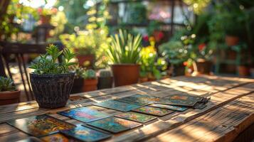 Outdoor tarot card reading with sunlight filtering through plants photo