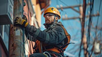 A man in a yellow helmet is working on a power line photo