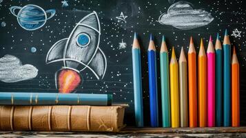 Back to School Concept with Books, Colored Pencils, and Rocket Sketch on Chalkboard. photo