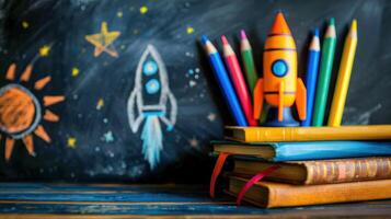 Back to School Concept with Books, Colored Pencils, and Rocket Sketch on Chalkboard. photo
